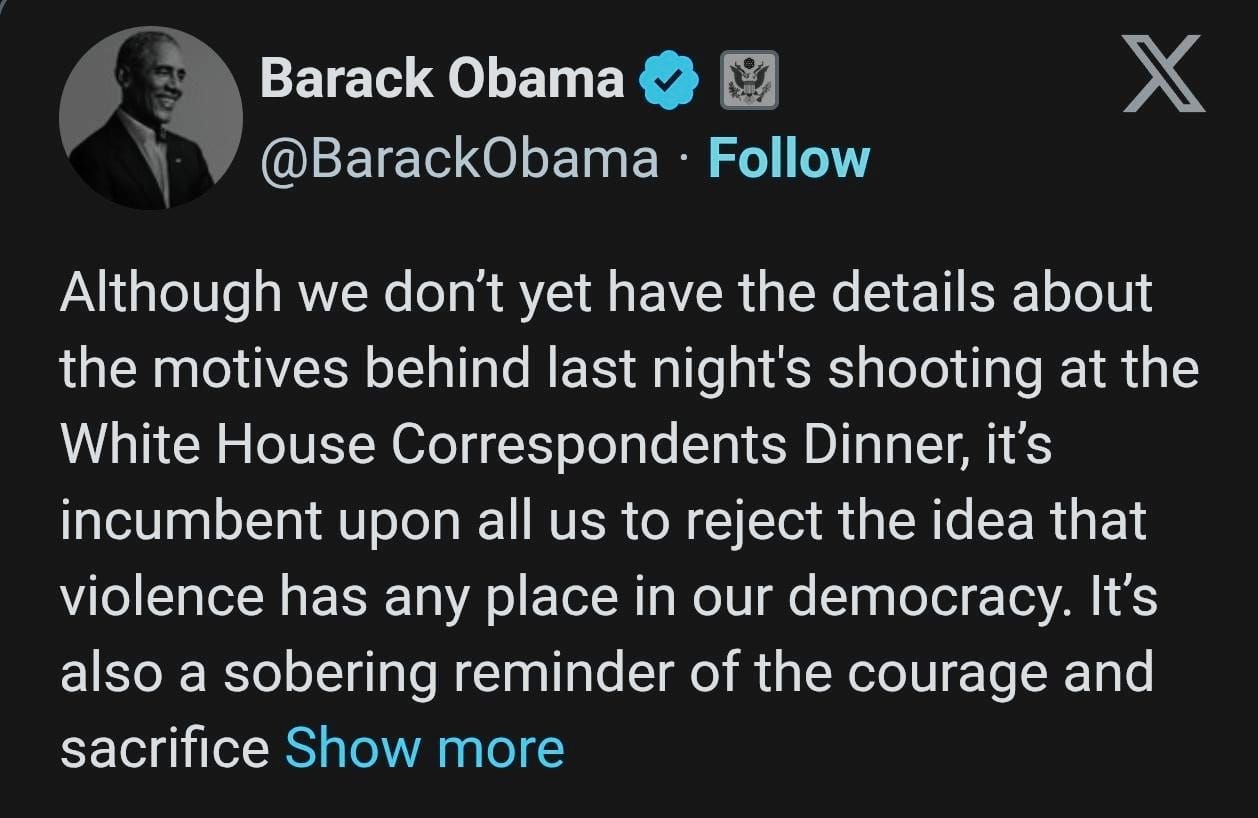 أوباما يتجنب الإشارة إلى ترامب في تغريدة تثير الجدل بعد حادثة إطلاق النار قرب عشاء مراسلي البيت الأبيض